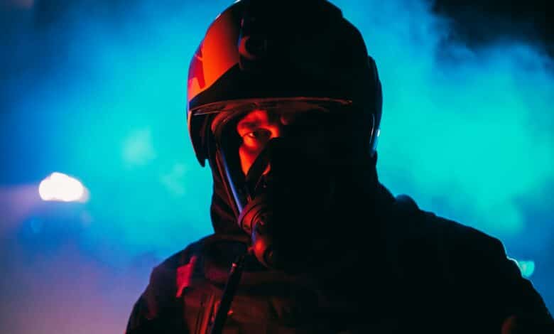 a person wearing a helmet and a mask
